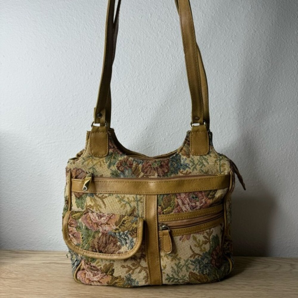 Floral Carpet Tapestry Hand Bag Purse British‎ Tan Faux Leather Trim Vintage 90s